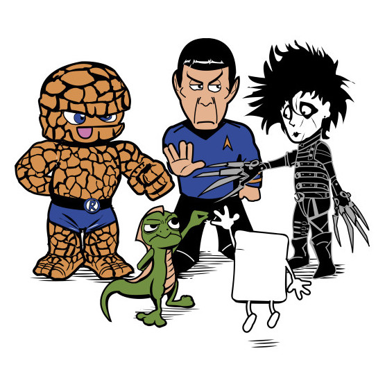 The Thing, a paper, Edward Scissorhands, a lizard and Spock playing rock, paper, scissors, lizard, Spock